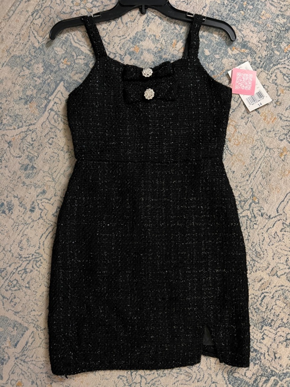 Girl’s Black Sparkle Tweed Mini Dress with Crystal Buttons and POCKETS!